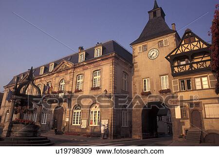 Stock Photo -  France, Alsace, Rosheim, Bas-Rhin, Europe, wine region, City Hall in the picturesque village of Rosheim in the wine region of Alsace.. Fotosearch