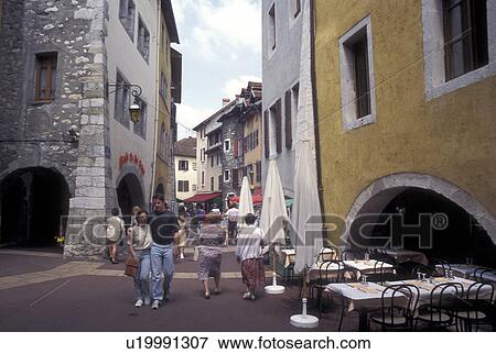 France, Annecy, Haute-Savoie, Rhone-Alpes, Europe, Shops along a narrow pedestrian street in the old town of Annecy. View Large Photo Image Stock Photo - France, Annecy, Haute-Savoie, Rhone-Alpes, Europe, Shops along a narrow pedestrian street in the old town of Annecy. . Fotosearch