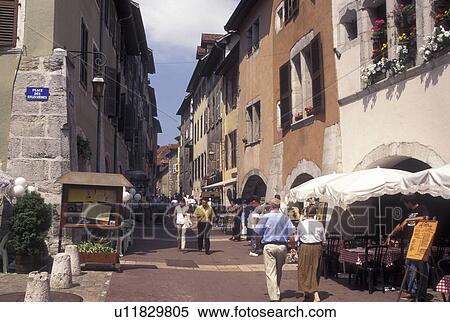 France, Annecy, Haute-Savoie, Rhone-Alpes, Europe, Shops along a narrow pedestrian street in the old town of Annecy. View Large Photo Image Stock Photography - France, Annecy, Haute-Savoie, Rhone-Alpes, Europe, Shops along a narrow pedestrian street in the old town of Annecy. . Fotosearch