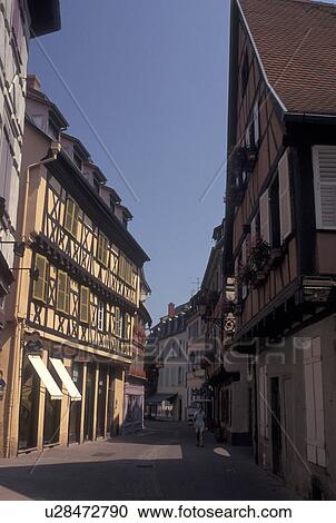 Stock Image -  France, Colmar, Alsace, Haut-Rhin, Europe, wine region, Half-timbered buildings in the town of Colmar, capital of Haut-Rhin, in the wine region of Alsace.. Fotosearch