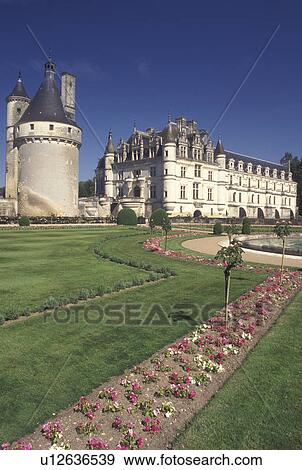Stock Photo -  France, Loire Valley, castle, Chenonceau, Loire Castle Region, Indre-et-Loire, Europe, 16th century Chateau de Chenonceau and gardens.. Fotosearch