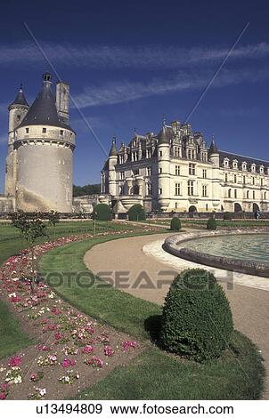 Stock Photo -  France, Loire Valley, castle, Chenonceau, Loire Castle Region, Indre-et-Loire, Europe, 16th century Chateau de Chenonceau and gardens.. Fotosearch