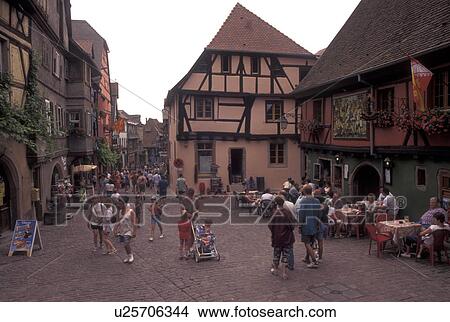 France, Riquewihr, Alsace, Haut-Rhin, Europe, outdoor cafT, wine region, Half-timbered buildings in the picturesque village of Riquewihr in the wine region of Alsace. View Large Photo Image Picture - France, Riquewihr, Alsace, Haut-Rhin, Europe, outdoor cafT, wine region, Half-timbered buildings in the picturesque village of Riquewihr in the wine region of Alsace.. Fotosearch