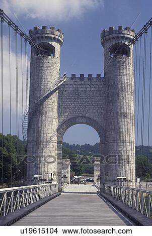 Picture -  France, suspension bridge, Annecy, Haute-Savoie, Rhone-Alpes, Europe, Pont de la Caille or Charles-Albert built in 1839 now a pedestrian bridge. . Fotosearch