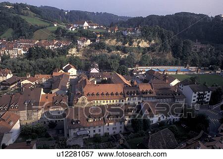 Fribourg, Switzerland, Aerial view of the city of Fribourg  View Large Photo Image Stock Photo -  Fribourg, Switzerland, Aerial view of the city of Fribourg . Fotosearch