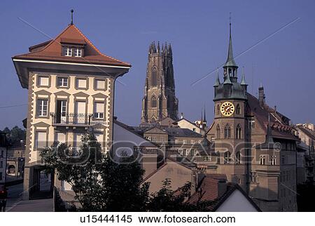 Fribourg, Switzerland, Cathedrale St. Nicolas, View of Town Hall and Cathedrale Saint Nicholas in the city of Fribourg. View Large Photo Image Stock Photography - Fribourg, Switzerland, Cathedrale St. Nicolas, View of Town Hall and Cathedrale Saint Nicholas in the city of Fribourg.. Fotosearch