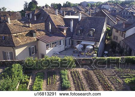 garden, Switzerland, La Cote, Vaud, Immaculate garden and rooftops in the village of Aubonne View Large Photo Image Stock Image - garden, Switzerland, La Cote, Vaud, Immaculate garden and rooftops in the village of Aubonne. Fotosearch