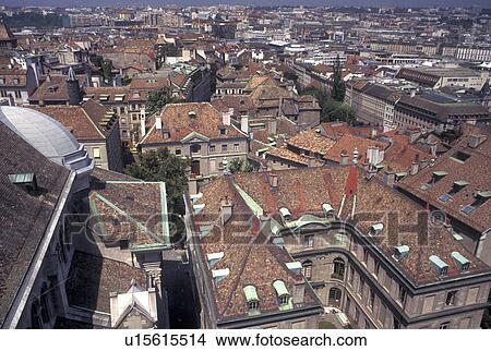 Picture -  Geneva, Switzerland, Aerial view of the city of Geneva from St. Peter's cathedral (cathedrale St. Pierre) . Fotosearch