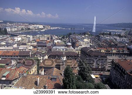 Geneva, Switzerland, Aerial view of the city of Geneva and Lake Geneva with the Jet d' Eau from St. Peter's cathedral (cathedrale St. Pierre) View Large Photo Image Stock Image - Geneva, Switzerland, Aerial view of the city of Geneva and Lake Geneva with the Jet d' Eau from St. Peter's cathedral (cathedrale St. Pierre) . Fotosearch