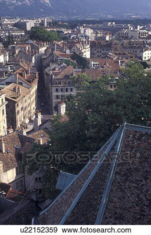 Geneva, Switzerland, Aerial view of the city of Geneva from St. Peter's cathedral (cathedrale St. Pierre) View Large Photo Image Stock Photo - Geneva, Switzerland, Aerial view of the city of Geneva from St. Peter's cathedral (cathedrale St. Pierre) . Fotosearch