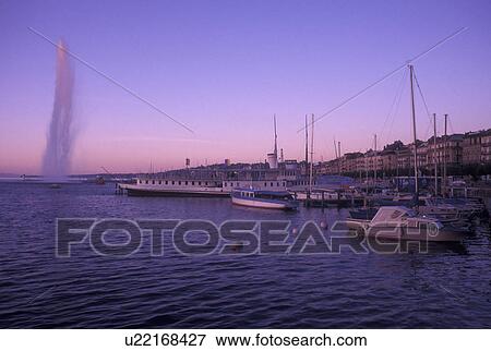 Geneva, Switzerland, Lake Geneva, Jet d' Eau, Boats docked at a marina in the harbor of Lac Leman in Geneva. View Large Photo Image Stock Photo - Geneva, Switzerland, Lake Geneva, Jet d' Eau, Boats docked at a marina in the harbor of Lac Leman in Geneva. . Fotosearch