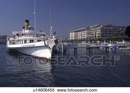 Geneva, Switzerland, Lake Geneva, Paddlewheel sightseeing boat docked at the marina in the harbor of Lac Leman in Geneva. View Large Photo Image Stock Photography - Geneva, Switzerland, Lake Geneva, Paddlewheel sightseeing boat docked at the marina in the harbor of Lac Leman in Geneva.. Fotosearch