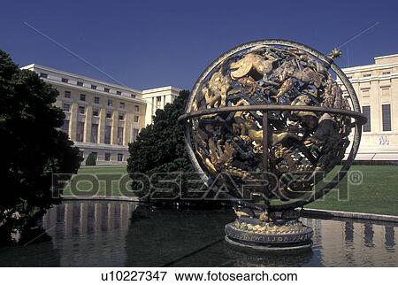 Geneva, UN, Switzerland, Palais des Nations, Globe of the world sculpture on the grounds of the European Headquarters of the United Nations in the city of Geneva. View Large Photo Image Stock Photo - Geneva, UN, Switzerland, Palais des Nations, Globe of the world sculpture on the grounds of the European Headquarters of the United Nations in the city of Geneva.. Fotosearch