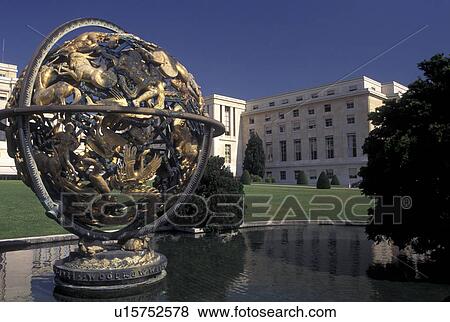 Geneva, UN, Switzerland, Palais des Nations, Globe of the world sculpture on the grounds of the European Headquarters of the United Nations in the city of Geneva. View Large Photo Image Stock Photo - Geneva, UN, Switzerland, Palais des Nations, Globe of the world sculpture on the grounds of the European Headquarters of the United Nations in the city of Geneva.. Fotosearch