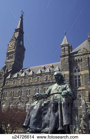 Picture -  Georgetown, university, Washington, DC, District of Columbia, Statue of Bishop John Carroll, founder of Georgetown Academy, outside the Healy Building on the campus of Georgetown University in the spring in Georgetown.. Fotosearch