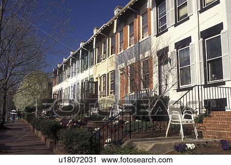 Georgetown, Washington, DC, District of Columbia, Townhouses line the street in a residential area of Georgetown. View Large Photo Image Stock Image - Georgetown, Washington, DC, District of Columbia, Townhouses line the street in a residential area of Georgetown.. Fotosearch