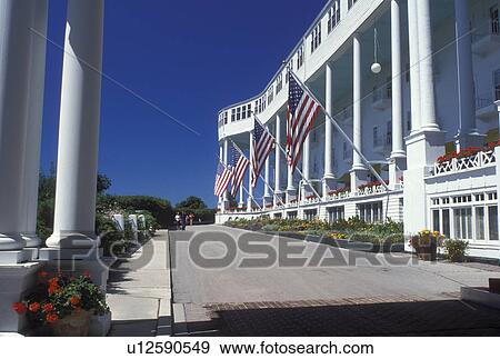 Stock Photo -  Grand Hotel, Mackinac Island, MI, Lake Huron, Michigan, Historic Grand Hotel on Mackinac Island.. Fotosearch