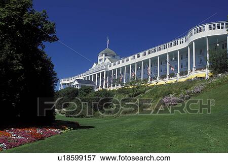 Stock Photo -  Grand Hotel, Mackinac Island, MI, Lake Huron, Michigan, Historic Grand Hotel on Mackinac Island.. Fotosearch