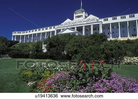 Stock Photograph -  Grand Hotel, Mackinac Island, MI, Lake Huron, Michigan, Historic Grand Hotel on Mackinac Island.. Fotosearch