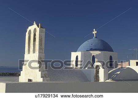 Picture -  Greece, church, Paros, Greek Islands, Naoussa, Cyclades, Europe, Whitewashed church with blue dome in the town of Naoussa on Paros Island.. Fotosearch