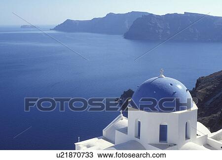 Greece, church, Santorini, Greek Islands, Oia, Cyclades, Europe, Whitewashed church with blue dome in the village of Oia overlooking the Aegean Sea on the island of Santorini. View Large Photo Image Stock Image - Greece, church, Santorini, Greek Islands, Oia, Cyclades, Europe, Whitewashed church with blue dome in the village of Oia overlooking the Aegean Sea on the island of Santorini.. Fotosearch