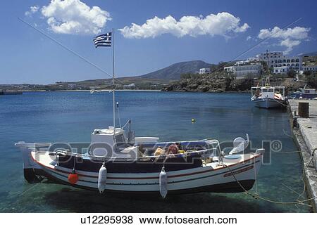 Stock Photo -  Greece, fishing boats, Paros, Greek Islands, Cyclades, Europe, Fishing boats docked in the harbor of Piso Livadi on Paros Island on the Aegean Sea.. Fotosearch