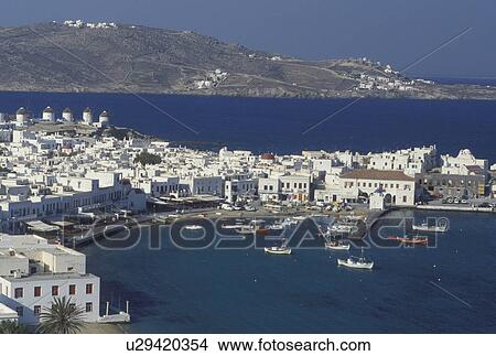 Greece, Mykonos, Greek Islands, Cyclades, Europe, Scenic view of Mykonos Harbor on the Aegean Sea. View Large Photo Image Picture - Greece, Mykonos, Greek Islands, Cyclades, Europe, Scenic view of Mykonos Harbor on the Aegean Sea.. Fotosearch