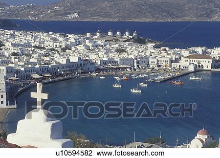 Greece, Mykonos, Greek Islands, Cyclades, Europe, Scenic view of Mykonos Harbor on the Aegean Sea. View Large Photo Image Stock Image - Greece, Mykonos, Greek Islands, Cyclades, Europe, Scenic view of Mykonos Harbor on the Aegean Sea.. Fotosearch