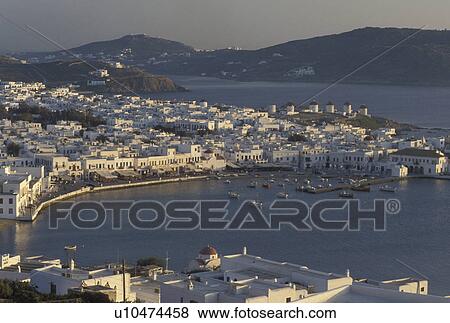 Greece, Mykonos, Greek Islands, Cyclades, Europe, Scenic view of Mykonos Harbor on the Aegean Sea. View Large Photo Image Stock Photo - Greece, Mykonos, Greek Islands, Cyclades, Europe, Scenic view of Mykonos Harbor on the Aegean Sea.. Fotosearch