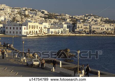 Greece, Mykonos, Greek Islands, Cyclades, Europe, Scenic view of Mykonos Harbor on the Aegean Sea. View Large Photo Image Stock Photo - Greece, Mykonos, Greek Islands, Cyclades, Europe, Scenic view of Mykonos Harbor on the Aegean Sea.. Fotosearch