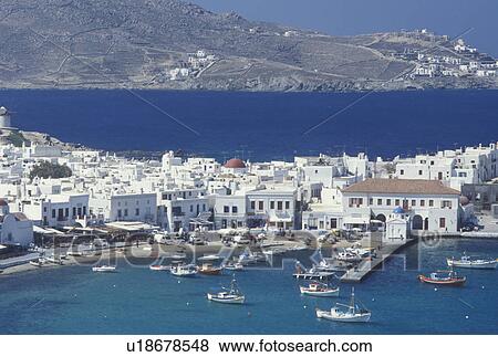 Greece, Mykonos, Greek Islands, Cyclades, Europe, Scenic view of Mykonos Harbor on the Aegean Sea. View Large Photo Image Stock Photo - Greece, Mykonos, Greek Islands, Cyclades, Europe, Scenic view of Mykonos Harbor on the Aegean Sea.. Fotosearch