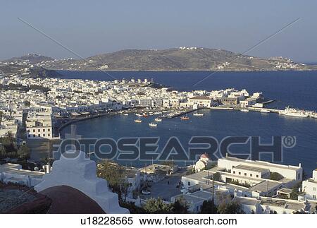 Greece, Mykonos, Greek Islands, Cyclades, Europe, Scenic view of Mykonos Harbor on the Aegean Sea. View Large Photo Image Stock Photography - Greece, Mykonos, Greek Islands, Cyclades, Europe, Scenic view of Mykonos Harbor on the Aegean Sea.. Fotosearch