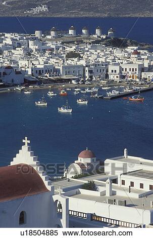 Greece, Mykonos, Greek Islands, Cyclades, Europe, Scenic view of Mykonos Harbor on the Aegean Sea. View Large Photo Image Stock Photography - Greece, Mykonos, Greek Islands, Cyclades, Europe, Scenic view of Mykonos Harbor on the Aegean Sea.. Fotosearch