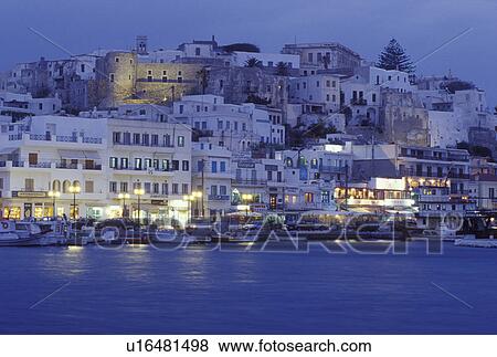 Greece, Naxos, Greek Islands, Cyclades, Europe, Waterfront on Hora Naxos Harbor in the evening on Naxos Island on the Aegean Sea. View Large Photo Image Stock Photo - Greece, Naxos, Greek Islands, Cyclades, Europe, Waterfront on Hora Naxos Harbor in the evening on Naxos Island on the Aegean Sea.. Fotosearch