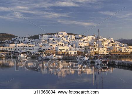 Picture -  Greece, Paros, Greek Islands, Naoussa, Cyclades, Europe, Fishing boats docked in Naoussa Harbor on Paros Island on the Aegean Sea.. Fotosearch