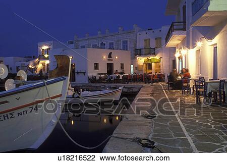 Greece, Paros, Greek Islands, Naoussa, Cyclades, Europe, Waterfront on Naoussa Harbor in the evening on Paros Island on the Aegean Sea. View Large Photo Image Stock Image - Greece, Paros, Greek Islands, Naoussa, Cyclades, Europe, Waterfront on Naoussa Harbor in the evening on Paros Island on the Aegean Sea.. Fotosearch