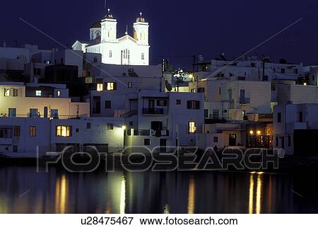 Stock Photo -  Greece, Paros, Greek Islands, Naoussa, Cyclades, Greece, Europe, Naoussa waterfront at night on Paros Island on the Aegean Sea.. Fotosearch
