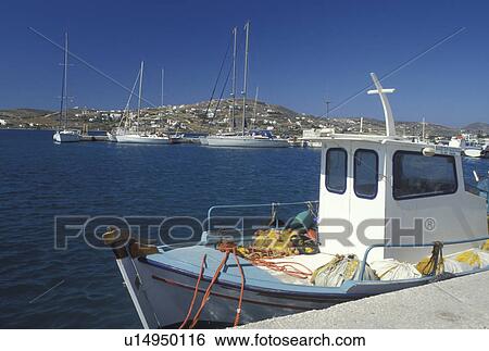 Greece, Paros, Greek Islands, Parikia, Cyclades, Europe, Fishing boats docked in the harbor of Parikia on Paros Island on the Aegean Sea. View Large Photo Image Stock Photograph - Greece, Paros, Greek Islands, Parikia, Cyclades, Europe, Fishing boats docked in the harbor of Parikia on Paros Island on the Aegean Sea.. Fotosearch