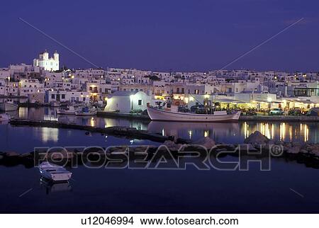 Greece, Paros, Naoussa, Greek Islands, Cyclades, Europe, Fishing boats docked in Naoussa Harbor in the evening on Paros Island on the Aegean Sea. View Large Photo Image Picture - Greece, Paros, Naoussa, Greek Islands, Cyclades, Europe, Fishing boats docked in Naoussa Harbor in the evening on Paros Island on the Aegean Sea.. Fotosearch