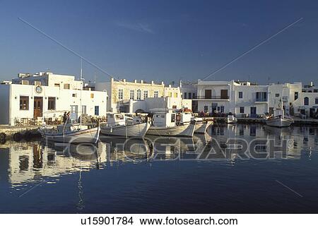 Picture -  Greece, Paros, Naoussa, Greek Islands, Cyclades, Europe, Fishing boats docked in Naoussa Harbor on Paros Island on the Aegean Sea.. Fotosearch