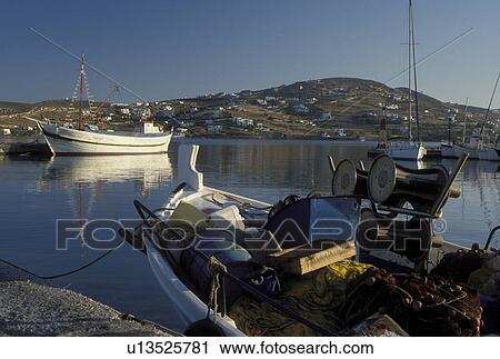 Greece, Paros, Parikia, Greek Islands, Cyclades, Europe, Fishing boats docked in the harbor of Parikia on Paros Island on the Aegean Sea. View Large Photo Image Stock Image - Greece, Paros, Parikia, Greek Islands, Cyclades, Europe, Fishing boats docked in the harbor of Parikia on Paros Island on the Aegean Sea.. Fotosearch