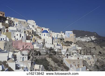 Greece, Santorini, Greek Islands, Oia, Cyclades, Europe, Village of Oia on the steep hillside of Santorini Island. View Large Photo Image Stock Image - Greece, Santorini, Greek Islands, Oia, Cyclades, Europe, Village of Oia on the steep hillside of Santorini Island.. Fotosearch