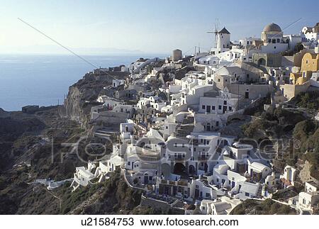 Greece, Santorini, Greek Islands, Oia, Cyclades, Europe, Village of Oia on the steep hillside of Santorini Island on the Aegean Sea. View Large Photo Image Stock Image - Greece, Santorini, Greek Islands, Oia, Cyclades, Europe, Village of Oia on the steep hillside of Santorini Island on the Aegean Sea.. Fotosearch