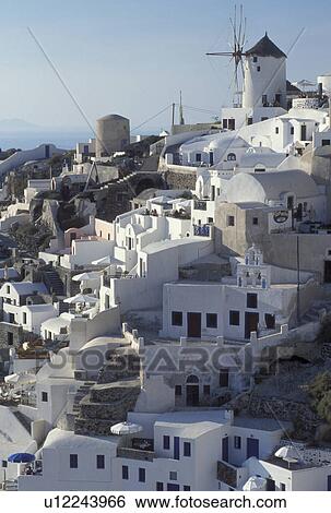Greece, Santorini, Greek Islands, Oia, Cyclades, Europe, Village of Oia on the steep hillside of Santorini Island on the Aegean Sea. View Large Photo Image Stock Photograph - Greece, Santorini, Greek Islands, Oia, Cyclades, Europe, Village of Oia on the steep hillside of Santorini Island on the Aegean Sea.. Fotosearch