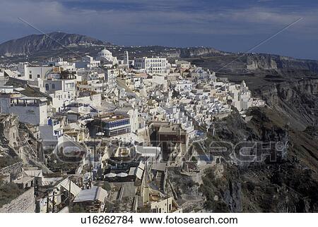 Greece, Santorini, Greek Islands, Fira, Cyclades, Europe, Scenic view of the village of Fira on the steep hillside of Santorini Island on the Aegean Sea. View Large Photo Image Picture - Greece, Santorini, Greek Islands, Fira, Cyclades, Europe, Scenic view of the village of Fira on the steep hillside of Santorini Island on the Aegean Sea.. Fotosearch