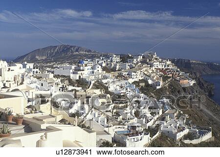 Greece, Santorini, Greek Islands, Firostefani, Cyclades, Europe, Village of Firostefani on the steep hillside of Santorini Island on the Aegean Sea. View Large Photo Image Stock Image - Greece, Santorini, Greek Islands, Firostefani, Cyclades, Europe, Village of Firostefani on the steep hillside of Santorini Island on the Aegean Sea.. Fotosearch