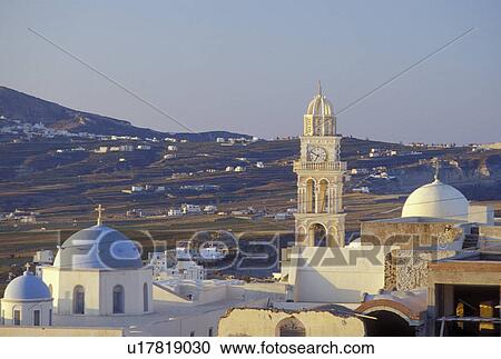 Greece, Santorini, Greek Islands, Fira, Cyclades, Europe, Scenic view of church steeples in the village of Fira on Santorini Island on the Aegean Sea. View Large Photo Image Stock Image - Greece, Santorini, Greek Islands, Fira, Cyclades, Europe, Scenic view of church steeples in the village of Fira on Santorini Island on the Aegean Sea. . Fotosearch