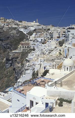 Greece, Santorini, Greek Islands, Fira, Cyclades, Europe, Village of Fira on the steep hillside of Santorini Island on the Aegean Sea. View Large Photo Image Stock Photograph - Greece, Santorini, Greek Islands, Fira, Cyclades, Europe, Village of Fira on the steep hillside of Santorini Island on the Aegean Sea.. Fotosearch