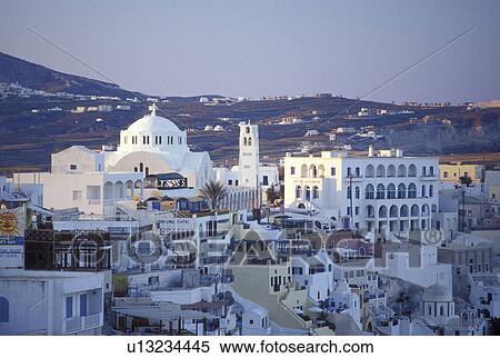 Greece, Santorini, Greek Islands, Fira, Cyclades, Europe, Whitewashed buildings in the village of Fira on the steep hillside of Santorini Island on the Aegean Sea. View Large Photo Image Stock Photography - Greece, Santorini, Greek Islands, Fira, Cyclades, Europe, Whitewashed buildings in the village of Fira on the steep hillside of Santorini Island on the Aegean Sea.. Fotosearch