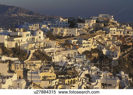 Greece, Santorini, Greek Islands, Firostefani, Cyclades, Europe, Village of Firostefani on the steep hillside of Santorini Island on the Aegean Sea. View Large Photo Image Stock Photography - Greece, Santorini, Greek Islands, Firostefani, Cyclades, Europe, Village of Firostefani on the steep hillside of Santorini Island on the Aegean Sea.. Fotosearch